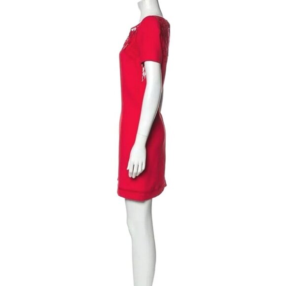 THE KOOPLES Red Short Sleeve Embroidered Lace Mini Shift Dress Women's Size M - Picture 2 of 16